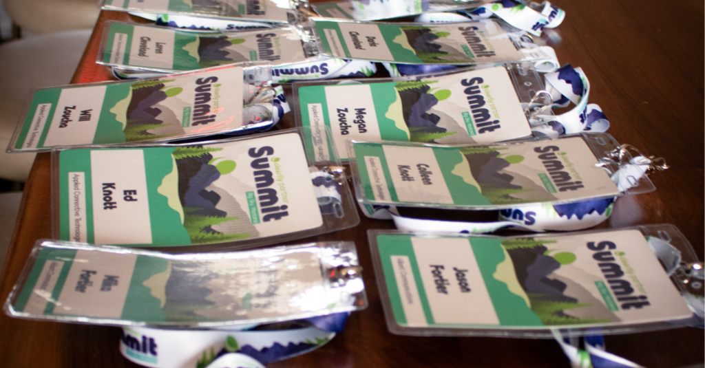 Name tags for partners at the Clearfly Summit in Big Sky, MT